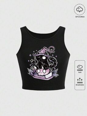 ROMWE Black Graphic Witchy cat Crop Top with Pink & Purple Accents